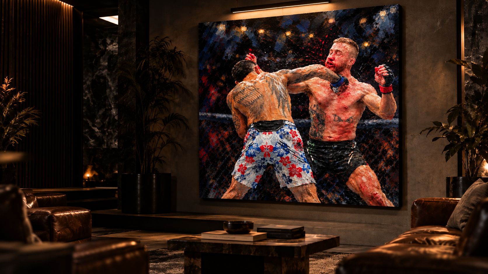 A Fan Cave canvas hanging in a dark luxury interior